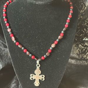 Dove Cross Necklace (garnet, red jade and black matte Tibetan gemstone)